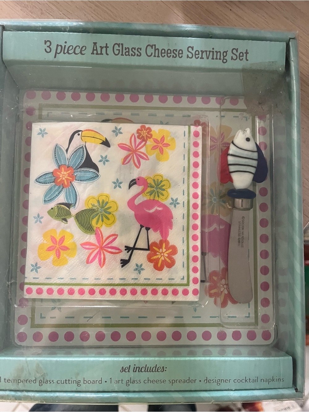 3-Piece Art Glass Cheese Serving Set - Flamingo & Tropical Design Brand New